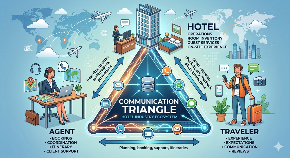 Image showing hotel industry triangle of communication that revolves around hotel, agent and travelers.
